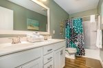 The upstairs hall Bathroom has ample cabinet and drawer space. Bath towels, hand towels, wash cloths, shower mats, toilet paper, and bars of soap are stocked in all bathrooms.